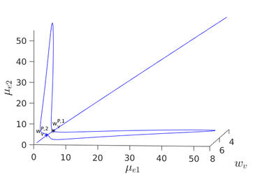 Bifurcation diagram showing degenerate pitchfork bubble in which stable symmetry-breaking takes place, no-flux 2-D domain with two Rauch-Millonas cells. Hysteresis occurs. © Merlin Pelz
