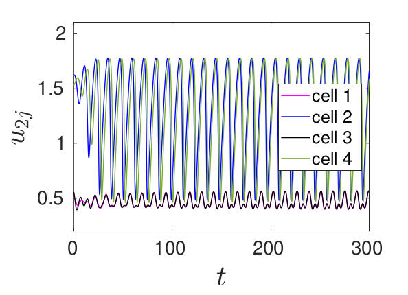 Synchronization of 4 equally separated cells with oscill. intracellular Sel'kov reaction kinetics in ℝ². Only cells 1 & 3 would oscillate if they were alone, but in the cell group cells 2 & 4 oscillate heavily. This is more than usual quorum sensing. ©MP