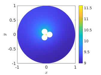 Numerical experiment: pattern formation in the no-flux 2-D domain with three big and close diffusion-coupled cells with Gierer-Meinhardt reaction kinetics. © Merlin Pelz